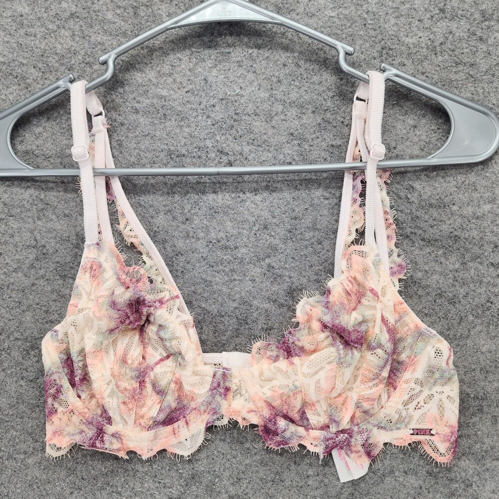 PINK Victoria Secret Bra Womens 32C Unlined Underwire Floral Lace